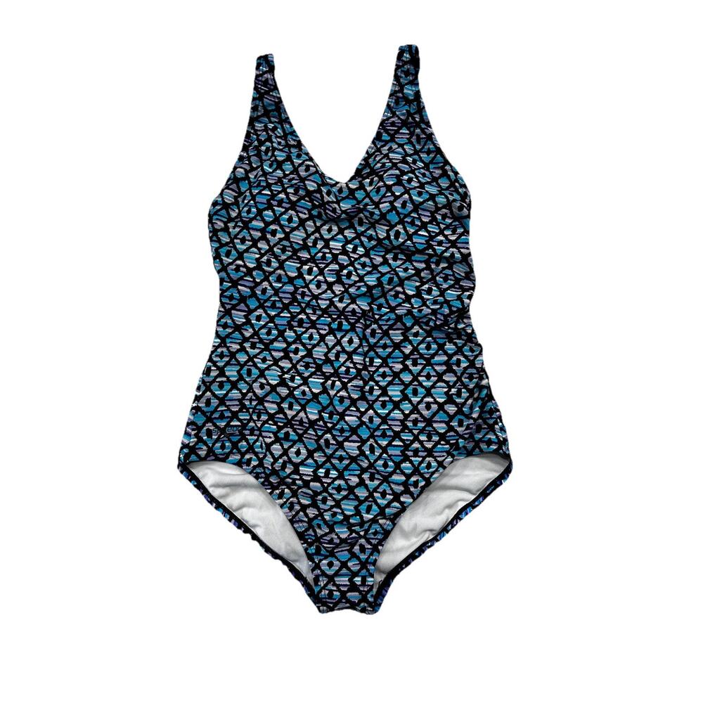 Speedo Black Blue Purple Geometric Built In Bra One Piece Swimsuit 10 Ruched